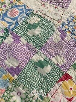 Vintage Handmade Hand Quilted Feed Sack Double Wedding Ring Quilt 76x94 #294