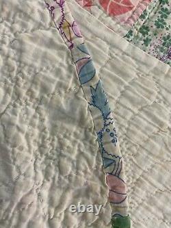 Vintage Handmade Hand Quilted Feed Sack Double Wedding Ring Quilt 76x94 #294