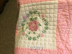 Vintage Handmade Hand Quilted Hand Cross Stitched Quilt Multicolor 78 x 100
