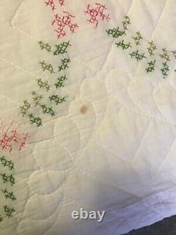 Vintage Handmade Hand Quilted Hand Cross Stitched Quilt Multicolor 82 x 94