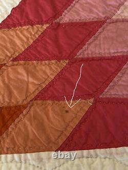 Vintage Handmade Hand Quilted Lone Star 8 Point Quilt 74 x 72 Orange Pink