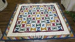 Vintage Handmade Hand Quilted Patchwork Quilt Colorful Spools Blanket 84 x 84