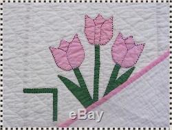 Vintage Handmade Hand Quilted Pink Appliqué Tulip Quilt 80 x 100 ESTATE FIND