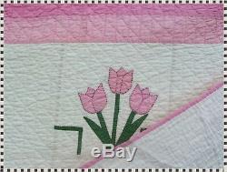 Vintage Handmade Hand Quilted Pink Appliqué Tulip Quilt 80 x 100 ESTATE FIND