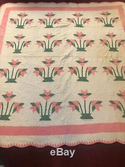 Vintage Handmade Hand Quilted Pink Appliqué Tulip Quilt 80 x 75