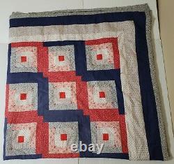 Vintage Handmade Hand Quilted & Tied Log Cabin Quilt /Floral/Heart 95x 95