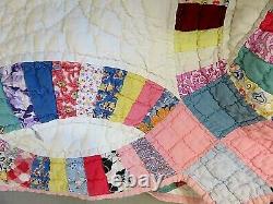 Vintage Handmade Hand Quilted Wedding Ring Patchwork Quilt Colorful 68 x 80