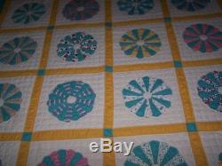 Vintage Handmade Hand Sewn Dresden Plate Quilt Turquoise White Yellow 72 x 90
