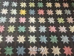Vintage Handmade Hand Stitched Black Star Quilt KING Signed Antique