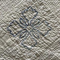 Vintage Handmade Hand Stitched Blue Cotton Floral Embroidered Quilt Blanket