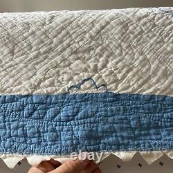 Vintage Handmade Hand Stitched Blue Cotton Floral Embroidered Quilt Blanket