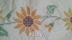 Vintage Handmade Hand Stitched Cross Stitch Quilt Sunflower Butterflies 96 X 84