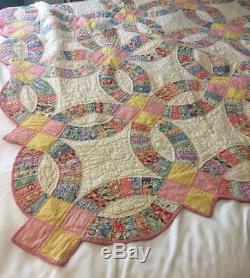 Vintage Handmade Hand Stitched Double Wedding Ring Quilt 76 X 82 Twin Full