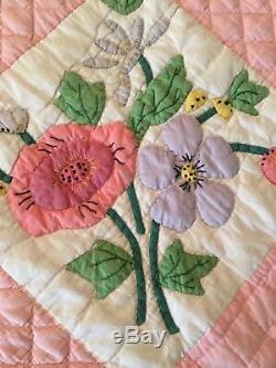 Vintage Handmade Hand Stitched Floral Applique Paisley vine pink QUILT WOW