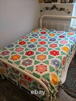 Vintage Handmade, Hand-Stitched Grandmother's Flower Garden Quilt Top, 74 x 93