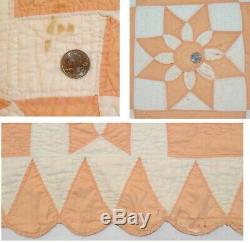 Vintage Handmade Hand Stitched Peach White Sun Flower Quilt 81 x 72½