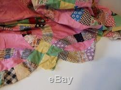 Vintage Handmade Hand Stitched Pink Double Wedding Ring Quilt 86x96
