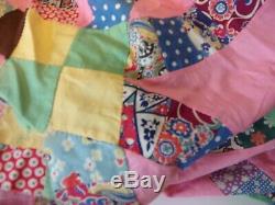 Vintage Handmade Hand Stitched Pink Double Wedding Ring Quilt 86x96