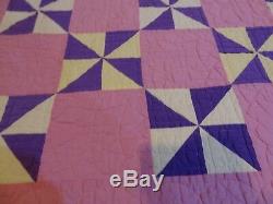 Vintage Handmade Hand Stitched Purple Pink Checker Board Geometric Quilt 84 x 74