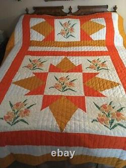 Vintage Handmade Hand Stitched QUEEN Size Quilt- Mid 1970s- NEVER USED