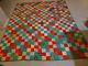 Vintage Handmade Hand Stitched Red Green Geometric Patchwork Quilt 89 X 76