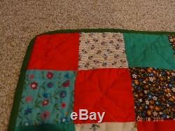 Vintage Handmade Hand Stitched Red Green Geometric Patchwork Quilt 89 x 76