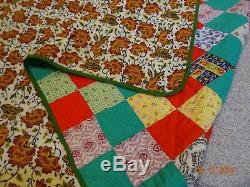 Vintage Handmade Hand Stitched Red Green Geometric Patchwork Quilt 89 x 76