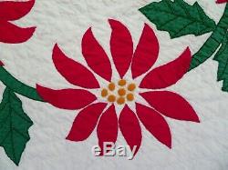 Vintage Handmade Hand Stitched Red Green White Flower Floral Quilt 85 x 76