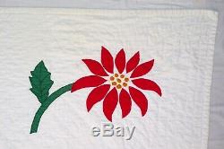 Vintage Handmade Hand Stitched Red Green White Flower Floral Quilt 85 x 76