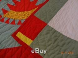 Vintage Handmade Hand Stitched Red Yellow Geometric Quilt 86 x 86