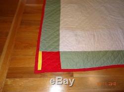 Vintage Handmade Hand Stitched Red Yellow Geometric Quilt 86 x 86
