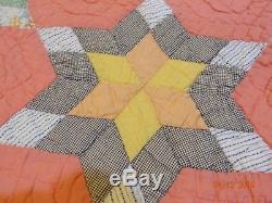 Vintage Handmade Hand Stitched Star Orange Yellow Geometric Quilt 72 x 60