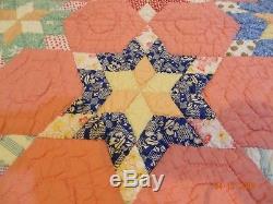Vintage Handmade Hand Stitched Star Orange Yellow Geometric Quilt 72 x 60