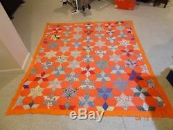 Vintage Handmade Hand Stitched Star Red Orange Geometric Quilt 78 x 70