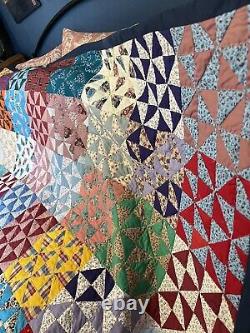 Vintage Handmade Handstitched Pinwheel Quilt King Colorful Stunning