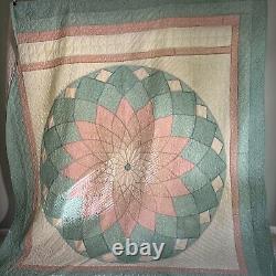 Vintage Handmade Handstitched Sunburst Quilt in Peach and Teal King Size 102x90