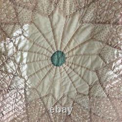 Vintage Handmade Handstitched Sunburst Quilt in Peach and Teal King Size 102x90