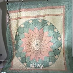 Vintage Handmade Handstitched Sunburst Quilt in Peach and Teal King Size 102x90