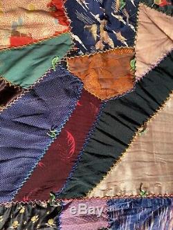 Vintage Handmade/Handstitched Tattered CRAZY Quilt Multicolor Mixed Pattern 1887