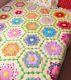 Vintage Handmade Hexagon Grandmothers Flower Garden Quilt Yellow 100 X 88