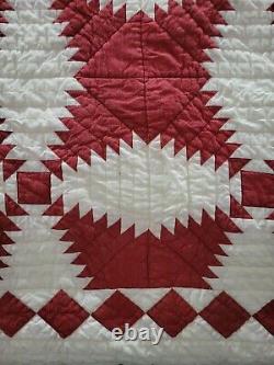 Vintage Handmade Log Cabin Pineapple Red & White color Quilt size 92 x 99