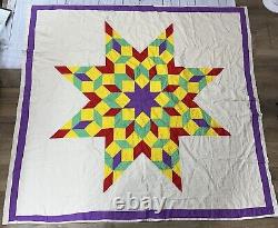 Vintage Handmade Lone Star Quilt 78 X 72 Colorful Off White Yellow Purple