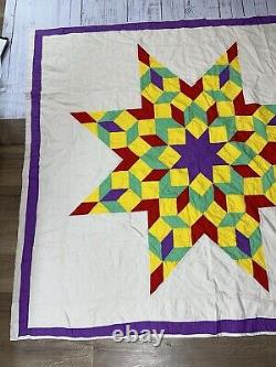 Vintage Handmade Lone Star Quilt 78 X 72 Colorful Off White Yellow Purple