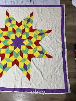 Vintage Handmade Lone Star Quilt 78 X 72 Colorful Off White Yellow Purple