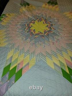 Vintage Handmade Multi Pastel Colors Starburst Quilted Quilt Never Used 84x94