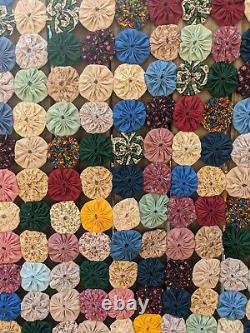 Vintage Handmade Multicolor 86x95 Yo-Yo Patchwork Quilt Blanket