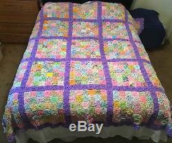 Vintage Handmade Multicolor YoYo Quilt Queen Bedspread Coverlet Blanket 96x96
