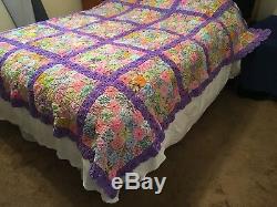 Vintage Handmade Multicolor YoYo Quilt Queen Bedspread Coverlet Blanket 96x96