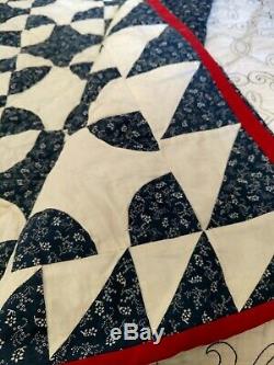Vintage Handmade Navy Blue & White Cotton, Hand Quilted Patchwork Quilt 83x60
