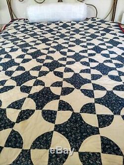 Vintage Handmade Navy Blue & White Cotton, Hand Quilted Patchwork Quilt 83x60